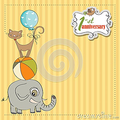 First anniversary card with pyramid of animals Vector Illustration