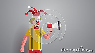 First april fool day man in funny jester hat and clown mask holding loudspeaker holiday celebration concept horizontal Vector Illustration