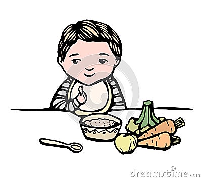 First baby food. Hand drawn line illustration of baby sitting with meal: bowl, spoon, apple, vegetables. Kid nutrition Vector Illustration
