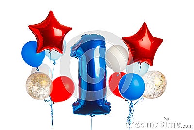 first birthday balloons bundle, number one blue balloon, isolated on white Stock Photo