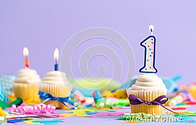 First birthday celebration theme with cupcake candle Stock Photo