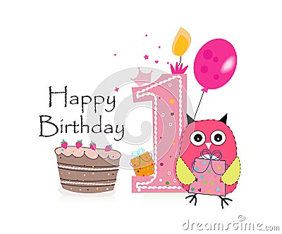 First birthday greeting card. Cute pink owl, balloon and birthday cake vector background Stock Photo