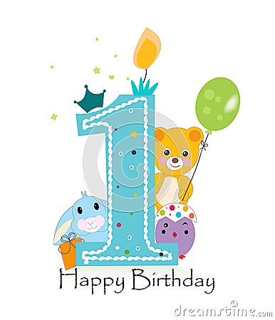 First birthday greeting card. Teddy bear, bunny and chick vector background Stock Photo