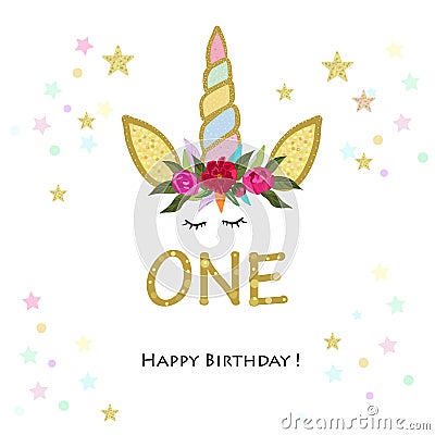 First birthday. One. Unicorn Birthday invitation. Party invitation greeting card Vector Illustration