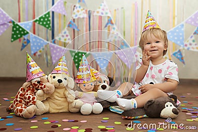 First birthday toy party with plush friends Stock Photo