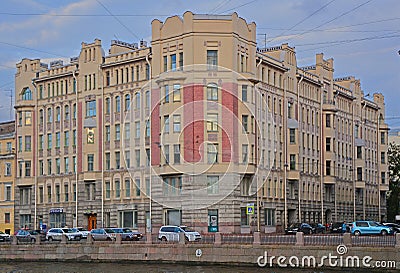 First building of House of Petty-bourgeois society on Fontanka River Embankment in Saint Petersburg, Russia Editorial Stock Photo