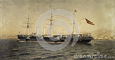 First class Alfonso XII cruise ship anchored in Malaga, 1894 Editorial Stock Photo