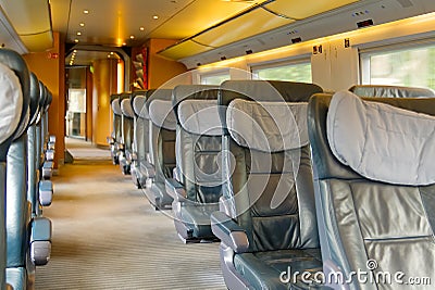 first class train interior in Germany. Travel in comfortable train. View from inside Stock Photo