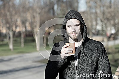 But first coffee. Man morning jog drinks coffee urban background. Taking moment enjoy day. Sportsman relaxing with Stock Photo
