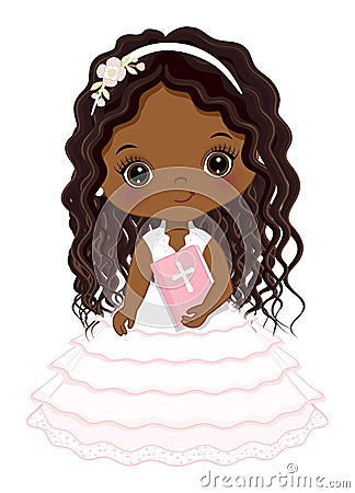 First Communion for African American Girl. Vector 1st Communion for Cute Little Black Girl Vector Illustration