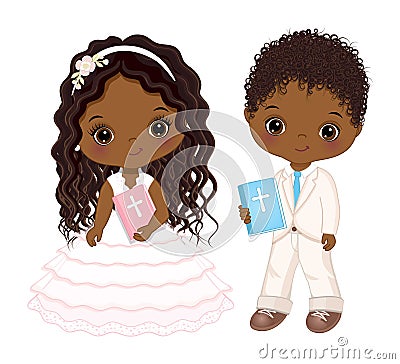 First Communion for African American Kids. Vector 1st Communion for Cute Little Black Girl and Boy Vector Illustration