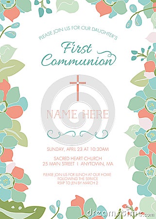 First Communion, Baptism, Christening Invitation Template with Floral Border Vector Illustration