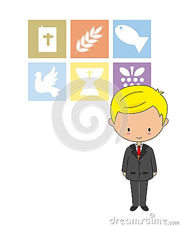 First communion card. Boy with religious icons Vector Illustration