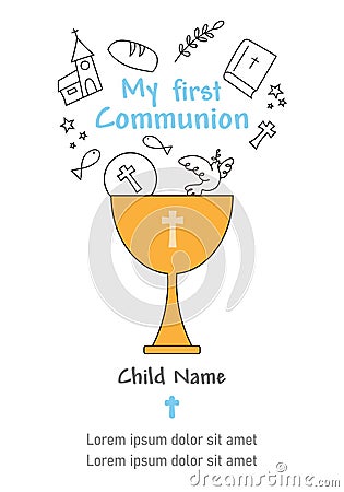 First communion card. Chalice with religion icons. Vector Illustration