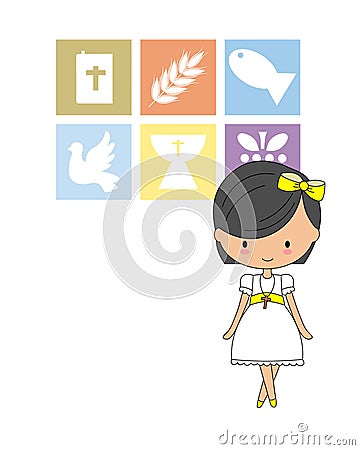 First communion card. Girl with religious icons Vector Illustration