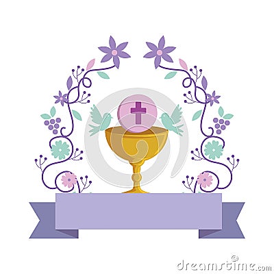 First communion in chalice with floral crown Vector Illustration