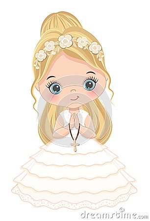 First Communion for Girl. Vector 1st Communion for Cute Little Girl Vector Illustration