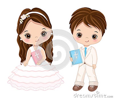 First Communion for Kids. Vector 1st Communion for Cute Little Girl and Boy Vector Illustration