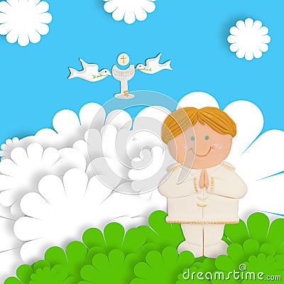 First communion thank you card blond child Stock Photo