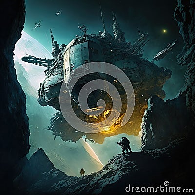 First contact with alien on hostile asteroid, planet. Generative AI Stock Photo