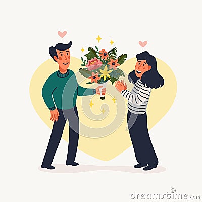 First Date. A man gives a woman a beautiful bouquet of flowers Vector Illustration