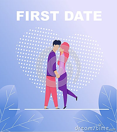 First Date Poster with Two Kissing People in Love Vector Illustration