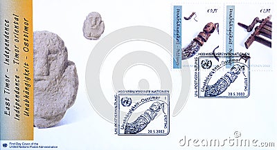 First Day Cover Letter with cancelled postage stamps printed by United Nations, that shows Traditional art Editorial Stock Photo