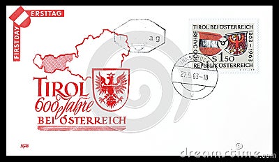 First Day Cover letter printed by Austria Editorial Stock Photo