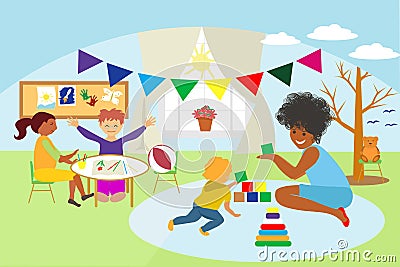 First day at kindergarten, poster Vector Illustration