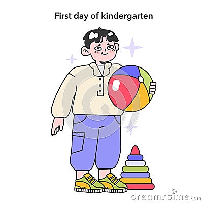 First day of kindergarten. Childhood years life milestones. Child playing Vector Illustration