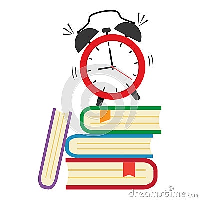 First day of school, Back to school. Alarm clock and pile of books. Vector illustration Cartoon Illustration