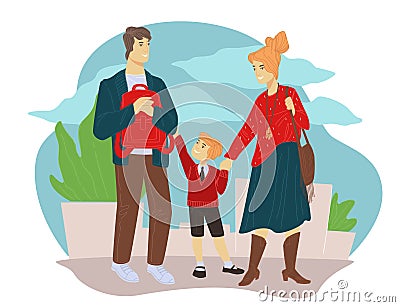 Mother and father walking kid first day in school Vector Illustration