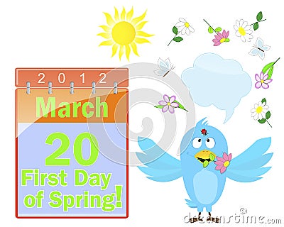 First Day of Spring. Calendar and blue bird. Vector Illustration