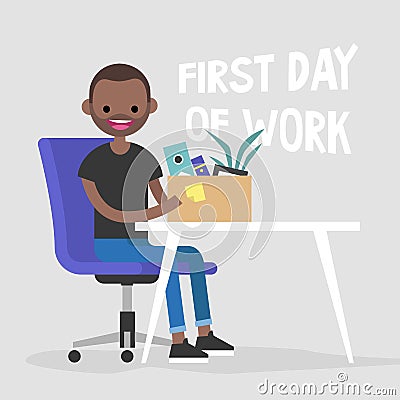 First day of work. Young black character holding a box Cartoon Illustration