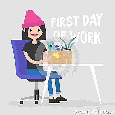 First day of work. Young character holding a box Cartoon Illustration