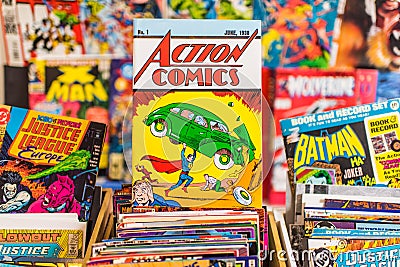 First Edition Action Comics Comic book with Superman Editorial Stock Photo