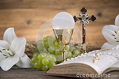 Eucharist symbol of bread and wine, chalice and host, First comm Stock Photo