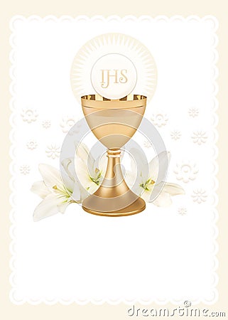 The first Holy Communion, an illustration with a cup, a host and white lily Stock Photo