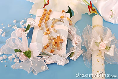 First holy communion-prayer book and rosary Stock Photo