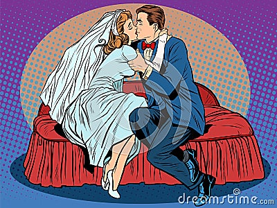 First kiss wedding night, the bride and groom Vector Illustration