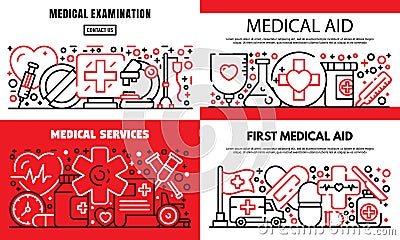 First medical aid banner set, outline style Vector Illustration