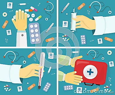 First Medical Aid Banners Set. Kit Content Vector Illustration