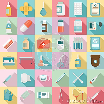 First medical aid icons set, flat style Vector Illustration
