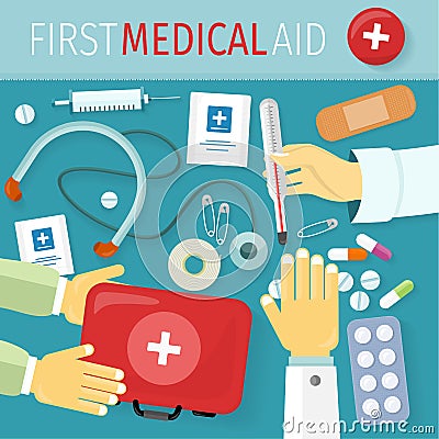 First Medical Aid Kit Design Flat Vector Illustration