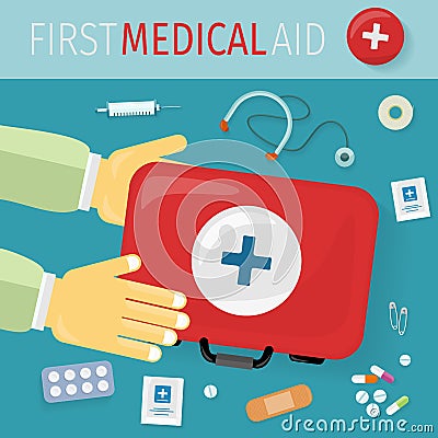 First Medical Aid kit and its Content. Equipment Vector Illustration