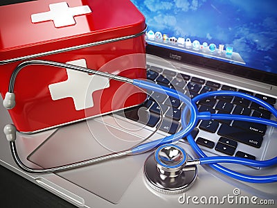 First medical aid or technical support concept. Laptop with firs Cartoon Illustration
