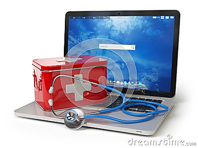 First medical aid or technical support concept. Laptop with firs Cartoon Illustration