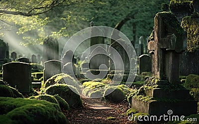 The first morning rays illuminate the moss-covered tombstones. Stock Photo