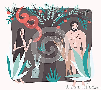 First people. Vector illustration lost paradise flat style. Adam and Eve in garden of eden with snake, animal, apple Vector Illustration