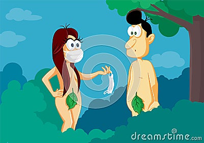 Eve Giving Adam a Medical Face Mask Vector Cartoon Illustration Vector Illustration